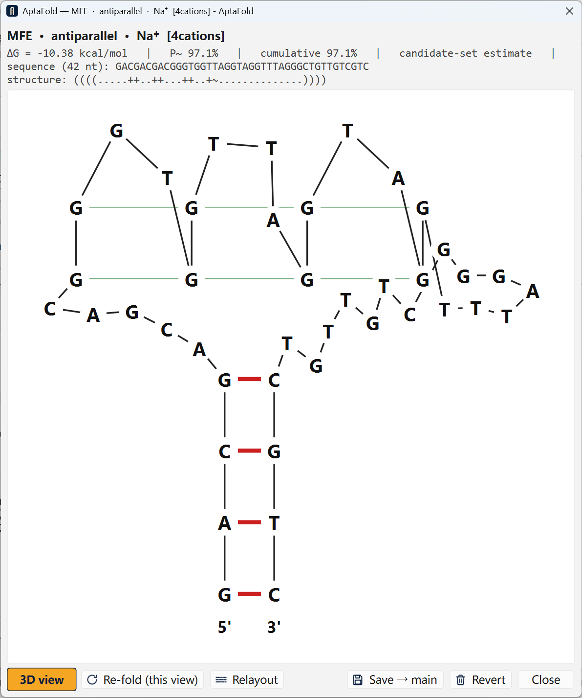 AptaFold MFE result for a G4-containing sequence in flat 2D view: stacked G-tetrad layers with green dashed Hoogsteen bonds, stem at the bottom showing 5′ and 3′ termini