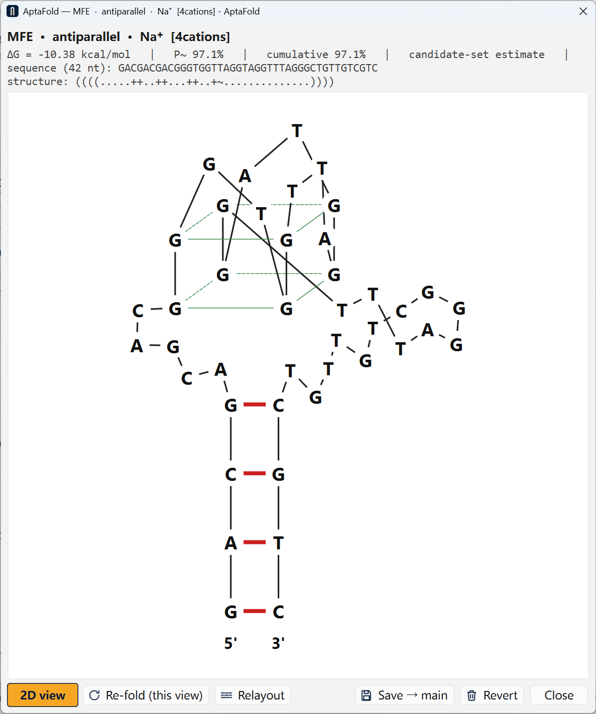 Same fold in 3D oblique-cube view: G-tracts rendered as parallel rails, tetrads as connected horizontal bonds, propeller loops projecting outward