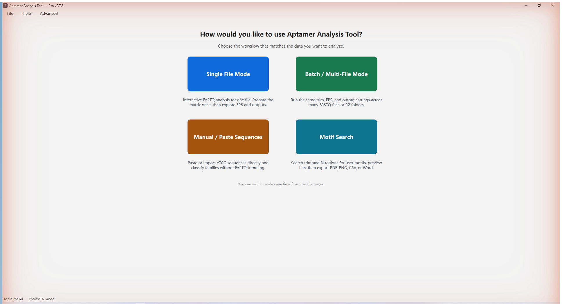 Main menu with four workflow tiles