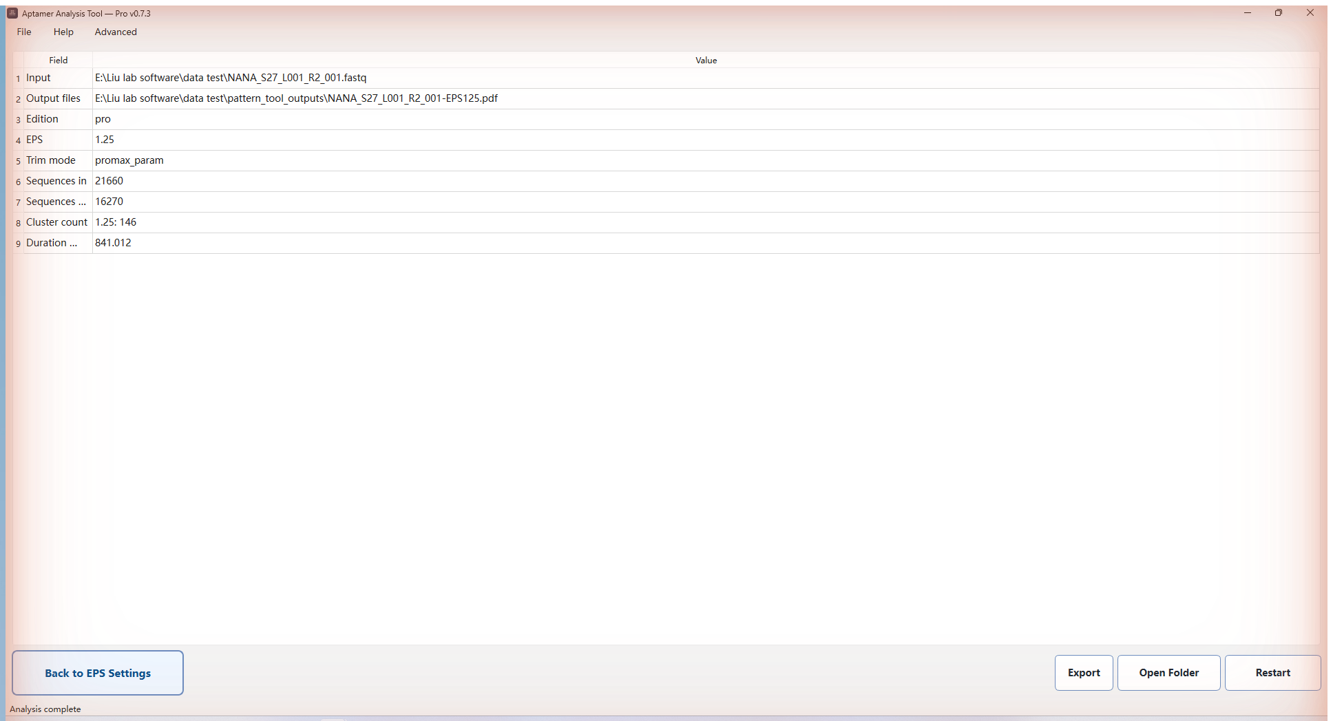 Result page with open folder and export