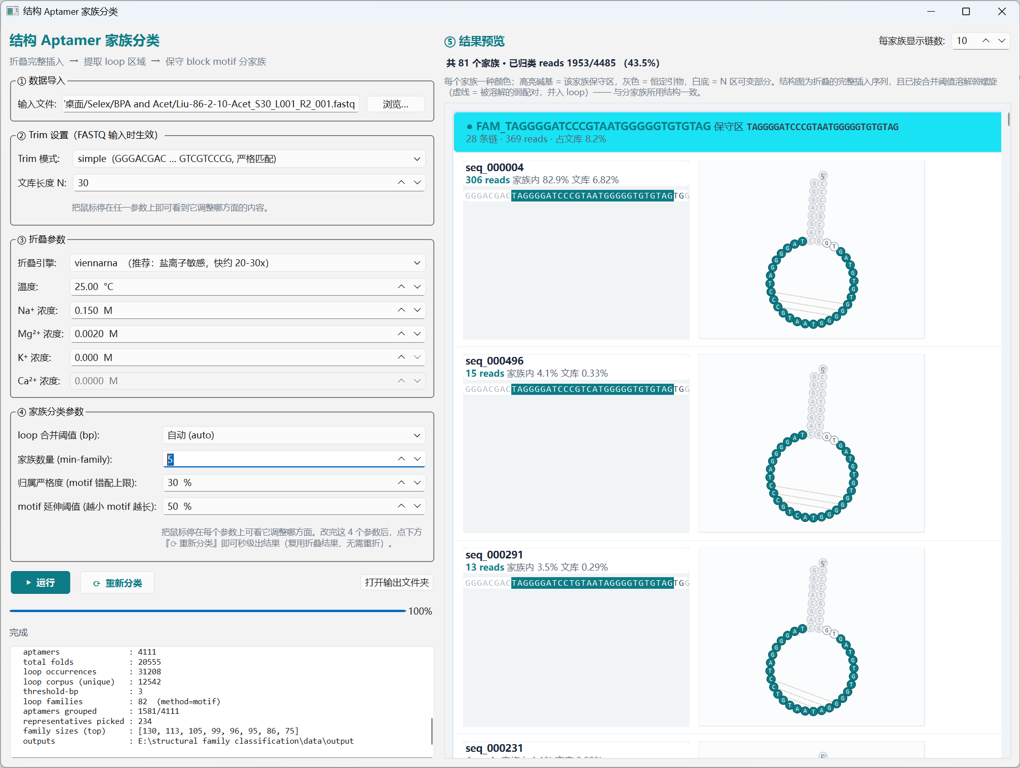 Loop pipeline GUI after running on a real Acet SELEX FASTQ: 4111 aptamers, 20555 folds, 12542 unique loops, 82 families, 1581 aptamers grouped, first family preview visible